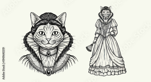 Victorian Cat Portrait and Full Body Illustration.