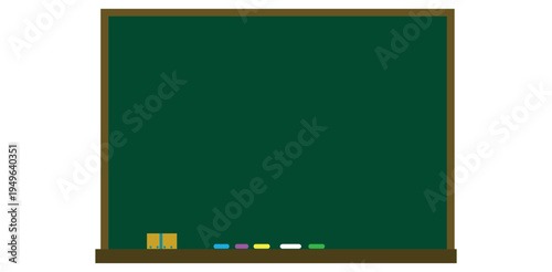 Green school chalkboard illustration with wooden frame colorful chalk pieces plus eraser for classroom teaching lessons