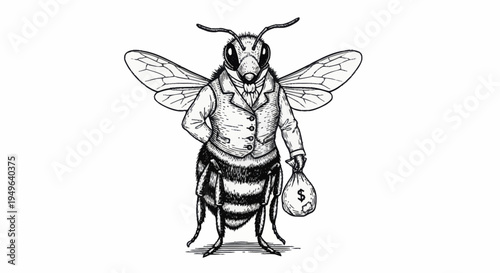 Anthropomorphic Bee Dressed in Business Suit Holding Money Bag.