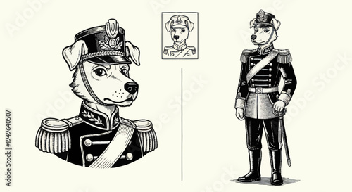 Dog in Military Uniform Vintage Illustration.