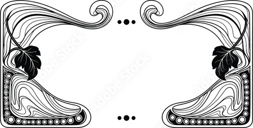 Ornate symmetrical border design with swirling patterns, stylized leaves, and central dot placeholders for vintage frames, invitations, and artistic layouts