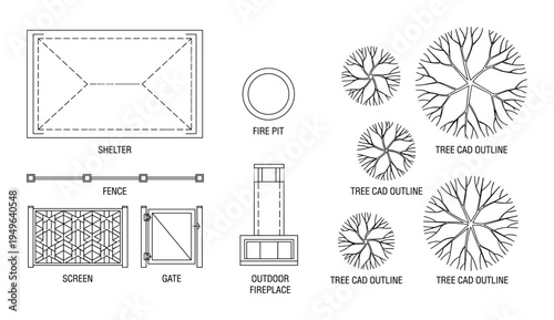 Backyard landscape architecture symbols with outdoor fireplace fire pit shelter and trees
