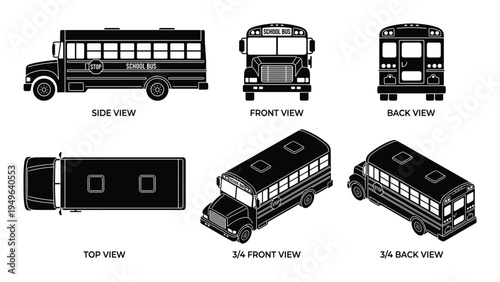 School bus blueprint views, side, front, back, top, three quarters front, three quarters back