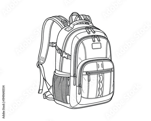 Detailed backpack with multiple compartments zippers and straps black and white outline drawing
