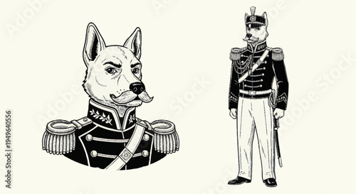 Dog dressed as a military officer in vintage uniform.