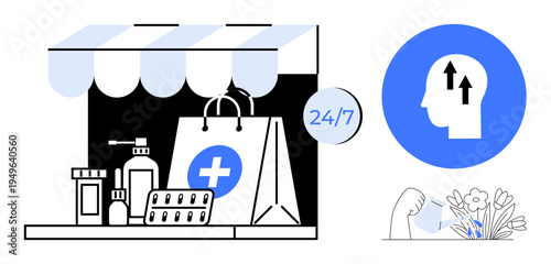 Pharmacy concept. Pharmacy highlighting essential products, sustainability focus, and mental wellbeing. Pharmacy supports 247 access, eco-friendly values, and health-focused services. For healthcare