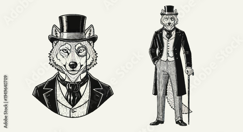 Anthropomorphic Wolf Dressed in Victorian Gentleman Attire.
