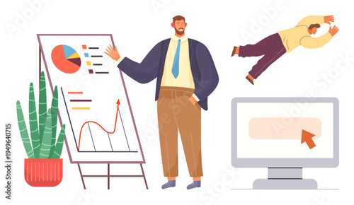 Business growth, marketing strategies, corporate success, data analysis, creative thinking, teamwork. A man presenting a chart, a computer graphic and a leaping dynamic figure. Business growth