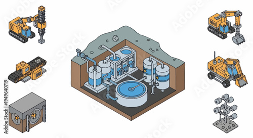 Industrial Water Treatment Plant Equipment and Machinery Illustration.
