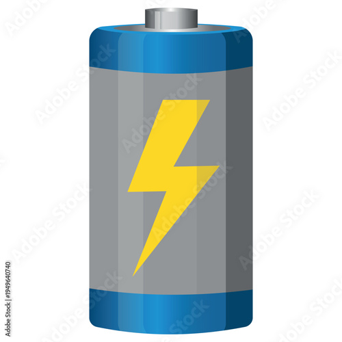 Blue battery icon with yellow lightning bolt energy symbol for power charging and electronic devices on white background