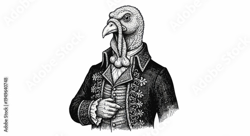 Anthropomorphic Turkey Dressed in Formal Victorian Attire.
