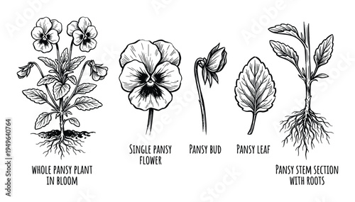 Pansy plant botanical set featuring flowers buds leaves and root system diagram