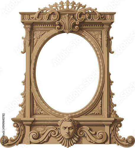 Ornate vintage picture frame with elaborate carvings, classical decorative scrollwork, antique craftsmanship, oval opening for portrait or artwork, historical cultural design illustration