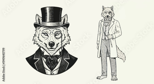 Anthropomorphic Wolf Dressed in Vintage Formal Wear.
