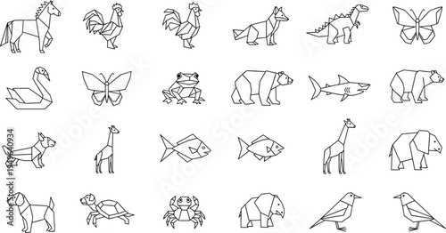 Origami animal illustration set featuring geometric line art of diverse creatures for educational, decorative, and creative design projects in minimalist style.