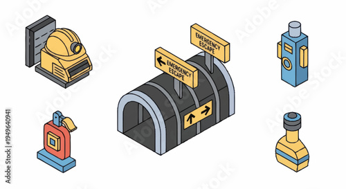 Isometric collection of futuristic objects and structures.