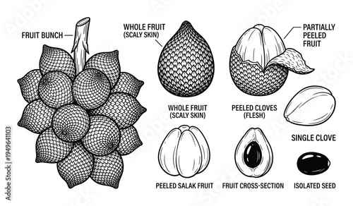 Salak snake fruit hand drawn illustrations including scaly skin and peeled cloves vector