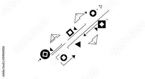 Geometric shapes abstract background with triangles, circles, and arrows in black and white, modern minimalist design element for creative projects and presentations
