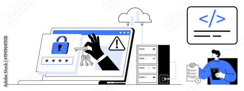 Data security, online privacy, cybersecurity education, identity protection, technology risks, and cloud computing. A hand with keys near a locked screen and warning icons. Data security and online