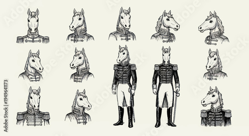 Vintage Horse Headed Figures in Military Uniforms.