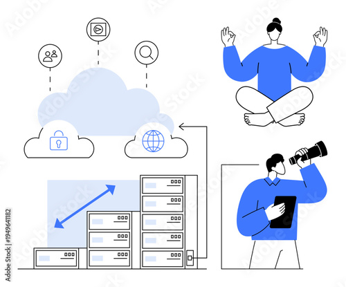 Cloud technology, data storage, security, innovation, analytics, balance. ion of cloud hosting, server scaling meditation and analysis. Cloud computing and data storage