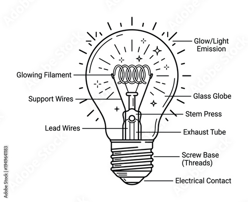 Diagram of incandescent light bulb showing glass globe filament screw base and parts