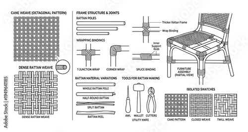 Rattan furniture making steps detailed diagram, cane weave structure, frame joints, material variations, and craft tools, isolated vector illustration