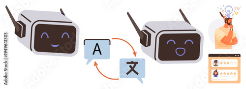 Language translation, AI technology, communication tools, multilingual support, customer assistance, virtual chatbots. Two robots exchanging translated speech bubbles and a thinking man with user