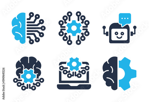 Artificial Intelligence and Neural Network icon set. Solid glyph series icons