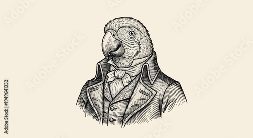 Elegant Parrot Dressed in Vintage Formal Wear.