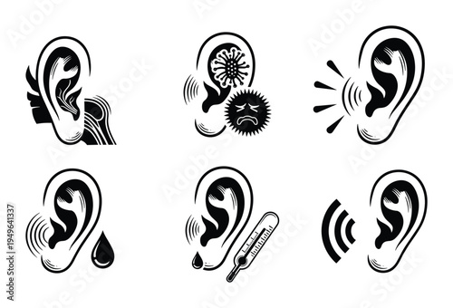Ear anatomy and hearing problems illustration medical signs