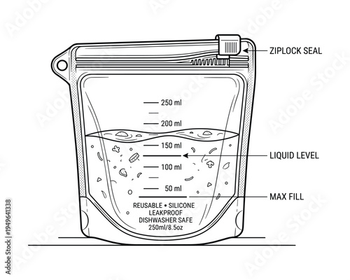 Reusable silicone food storage bag with measurement scale and ziplock seal