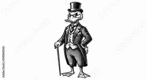 Elegant Duck Character in Formal Attire Holding Cane.