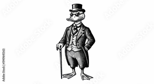 Dapper Duck Gentleman in Formal Attire Holding Cane.