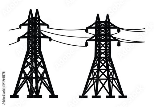 High voltage power line towers silhouette for electricity distribution and energy supply