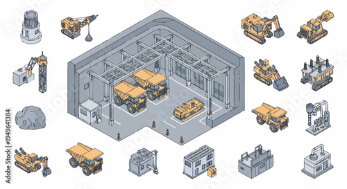 Isometric Mining Industry Equipment and Vehicles Collection.
