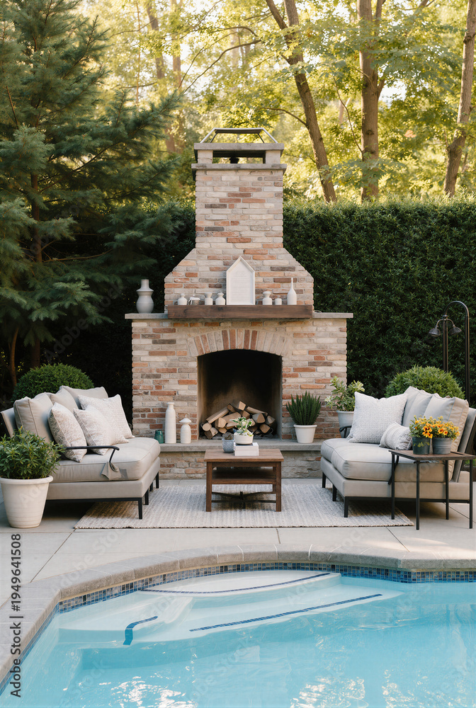 Obraz premium Stunning covered outdoor patio pavilion featuring a grand stone fireplace, comfortable lounge seating, and a beautiful sparkling swimming pool for luxury entertainment.
