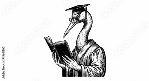 Vintage Crane Scholar Reading Book Wearing Graduation Cap and Gown.