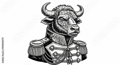 Anthropomorphic Bull in Military Uniform Portrait.