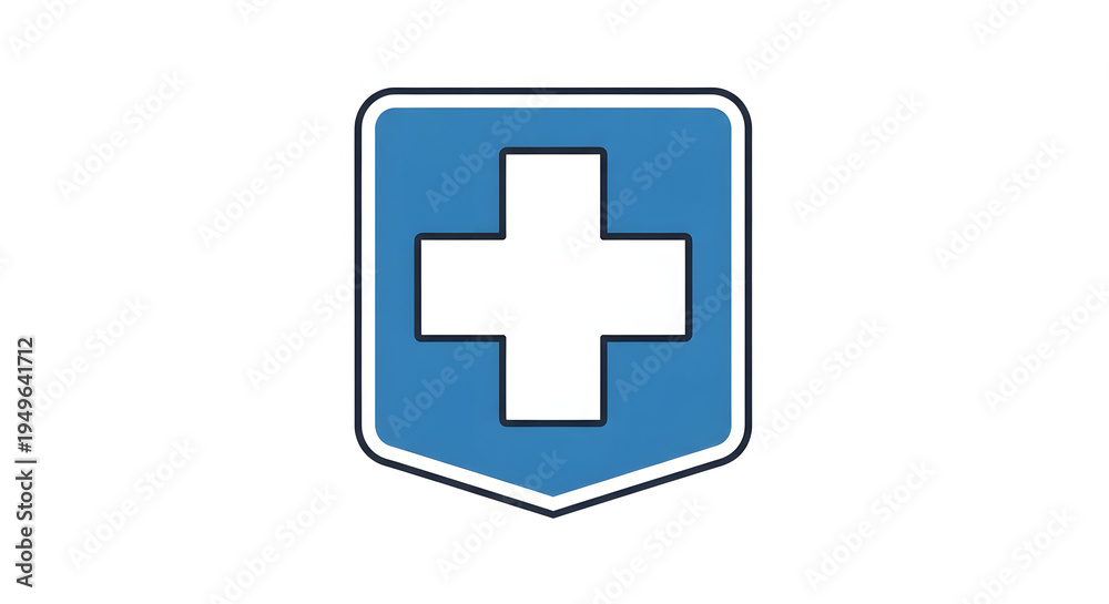 Fototapeta premium A blue shield with a white cross on a plain white background symbolizes protection and medical care.