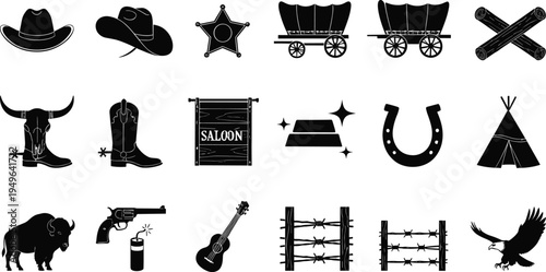 Silhouette icons of Wild West elements including cowboy hats, sheriff badge, wagon, boots, saloon, gold bars, buffalo, revolver, guitar, and barbed wire design