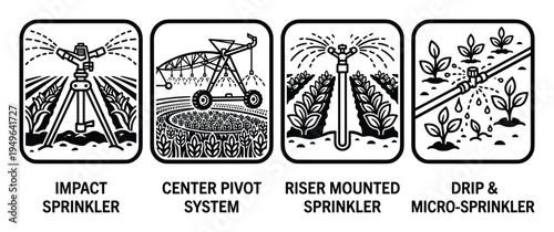 Agricultural irrigation system icons showing different watering methods for crops vector
