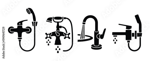 Faucets icons set isolated on transparent background, kitchen and bathroom water taps, shower heads, and mixers