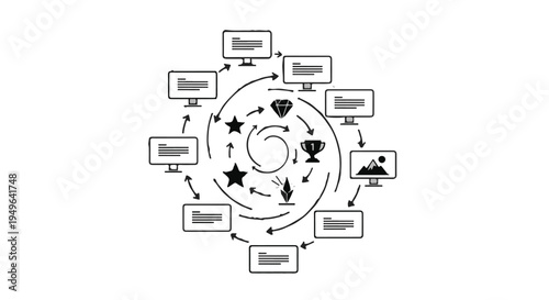 Business strategy flowchart diagram with symbols and icons on white background, illustrating marketing plan and workflow process in a modern and professional style