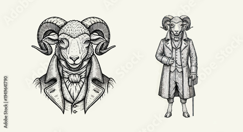 Anthropomorphic Ram Character in Vintage Attire.