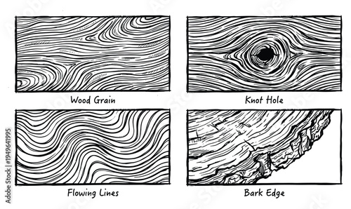 Wood grain, knot hole, flowing lines, and bark edge textures set on transparent background