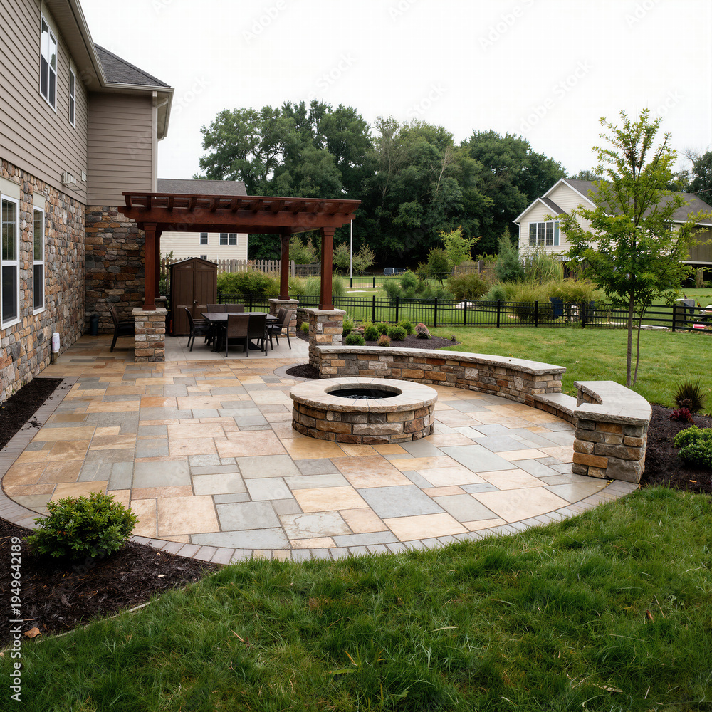 Fototapeta premium Beautiful luxury residential backyard design showcasing a sprawling green lawn, elegant patio seating areas, and a classic brick house exterior.