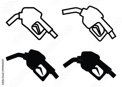 Set of fuel pump nozzle icons in outline and silhouette style on transparent background