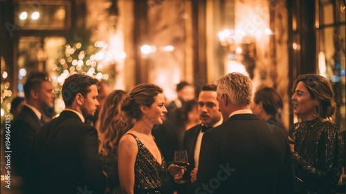 Group of elegantly dressed people socializing at a formal evening event with warm ambient lighting and sophisticated attire