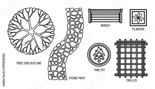 Landscape design elements set including tree outline stone path bench planter fire pit and trellis